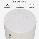 Modern Velvet Nightstand with Storage Sintered Stone Top Round Nightstand with 3 Drawers White