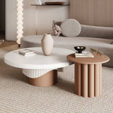 Yarnic 2-Piece Round Wood Coffee Table Set with Fluted Base in White & Walnut White & Walnut