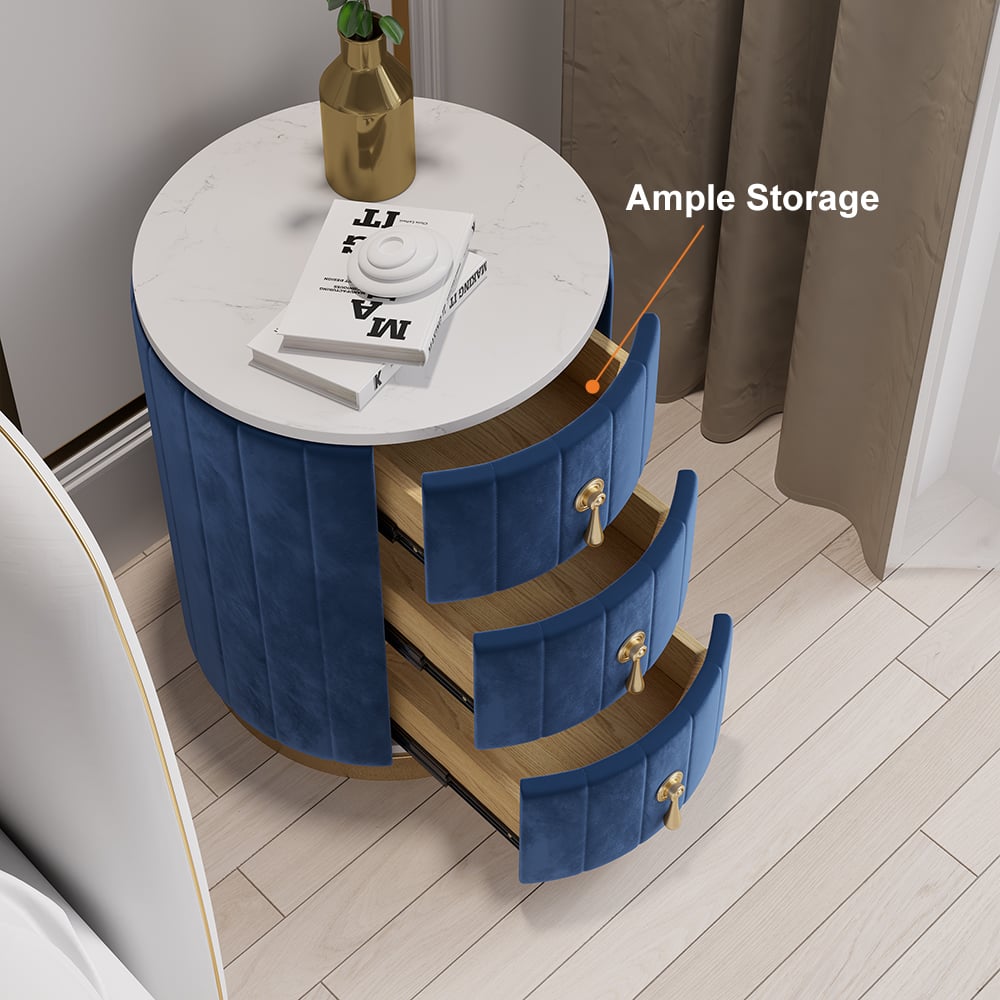 Modern Velvet Nightstand with Storage Sintered Stone Top Round Nightstand with 3 Drawers Blue