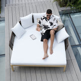 Modern Style Rattan Outdoor Daybed with Cushion Pillow in White White & Coffee