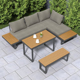 4 Pieces Aluminum Wood Outdoor Sectional Sofa Set for 5 Person with Dining Table in Gray Natural & Gray