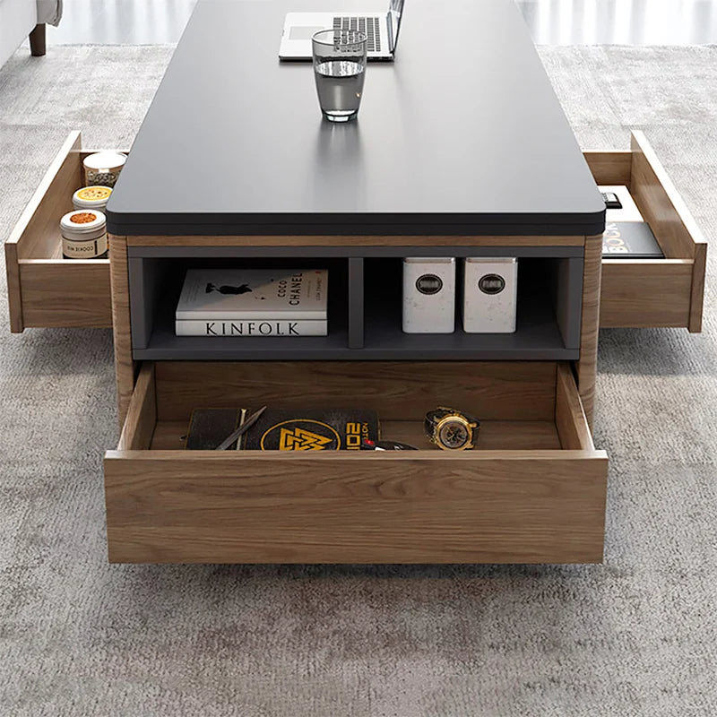 Modern Lift Top Coffee Table Multi Functional Table with Drawers & Shelves & Upholstered Stool Table Only