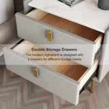 Modern Nightstand with 2 Drawers PU Leather Nightstand with Glod Legs Light Gray