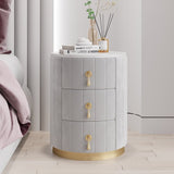 Modern Velvet Nightstand with Storage Sintered Stone Top Round Nightstand with 3 Drawers Gray