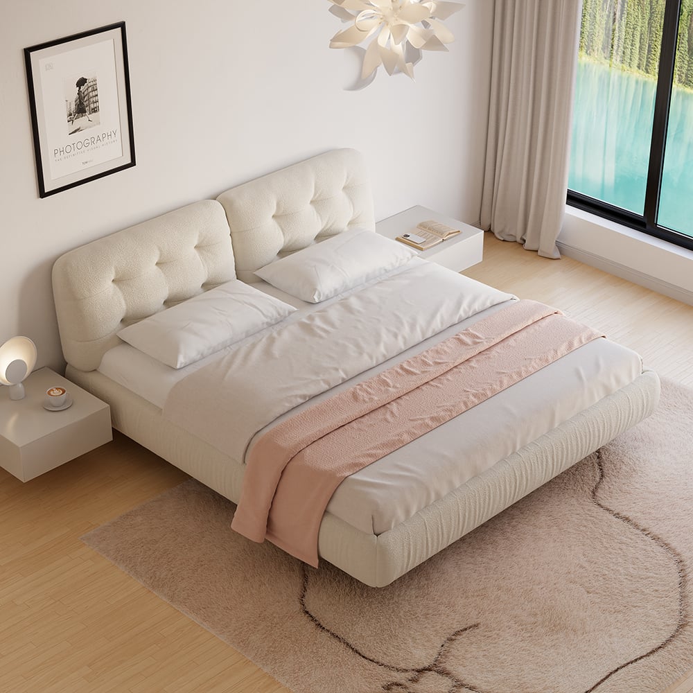 Modern King Floating Tufted Bed Low Profile Cloud Bed Boucle Upholstery Off-White