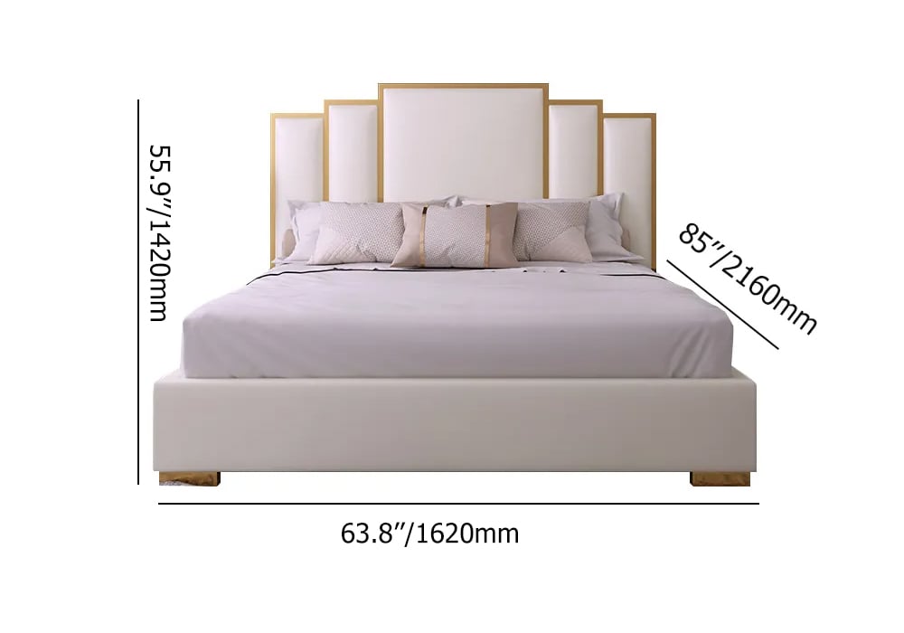 Modern Faux Leather Upholstered Bed in White Geometric Headboard Included White