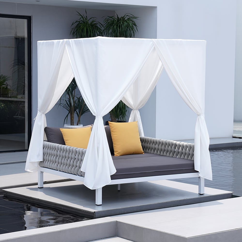 White Aluminum & Gray Woven Rope 2-Person Outdoor Patio Daybed with Canopy Curtains White & Gray