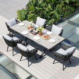 7 Pieces Aluminum Outdoor Dining Set with Extendable Marble Top Table and Woven Armchair Gray