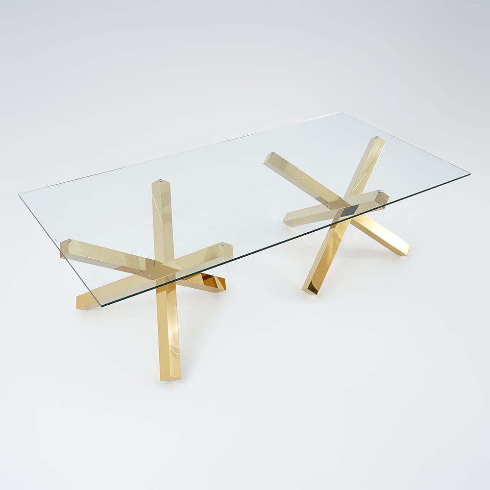 Modern Glass Dining Table with Double Pedestal in Gold Gold