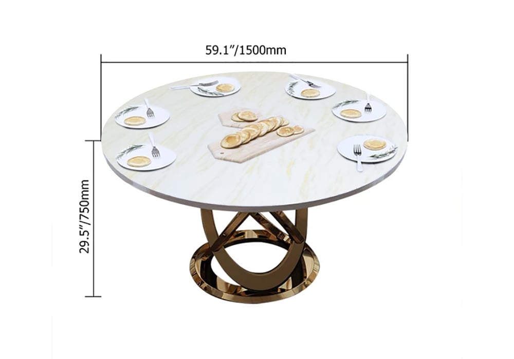 Modern Gold Round Marble Dining Table with Stainless Steel Pedestal Gold & White