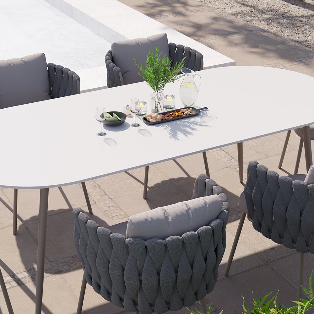 6 - Person Oval Faux Marble Top & Aluminum Outdoor Patio Dinning Table in White & Gray White & Gray