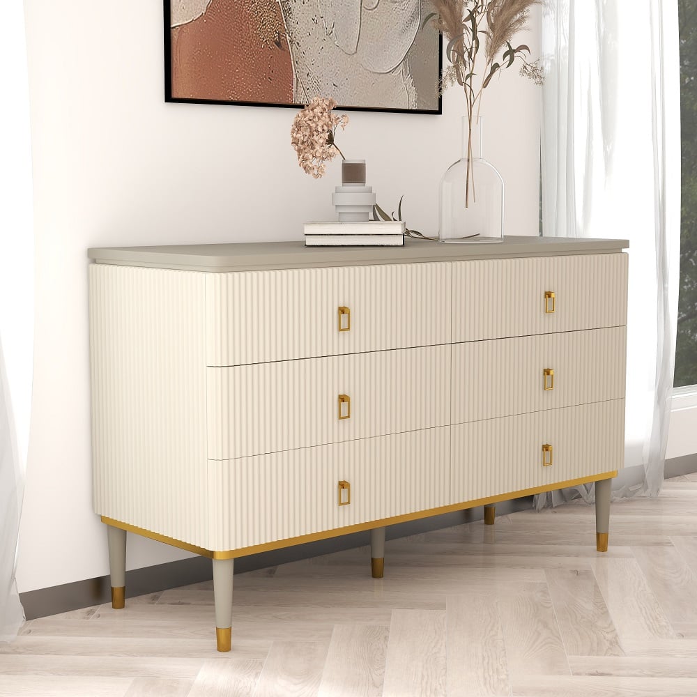 Modern Dresser 6 Drawers Buffet Cabinet with Storage in Beige & Gray Beige