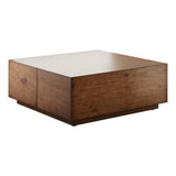 Japandi Square Coffee Table with 4 Drawers Storage & Wooden Pedestal Distressed