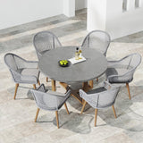 7 Pieces Teak Round Outdoor Concrete Dining Set with Gray Table Woven Armchair 6-Person Concrete Gray