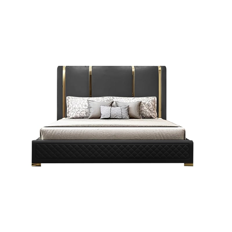 Faux Leather Upholstered Bed Sunken Metal and Wood Bed Frame Black