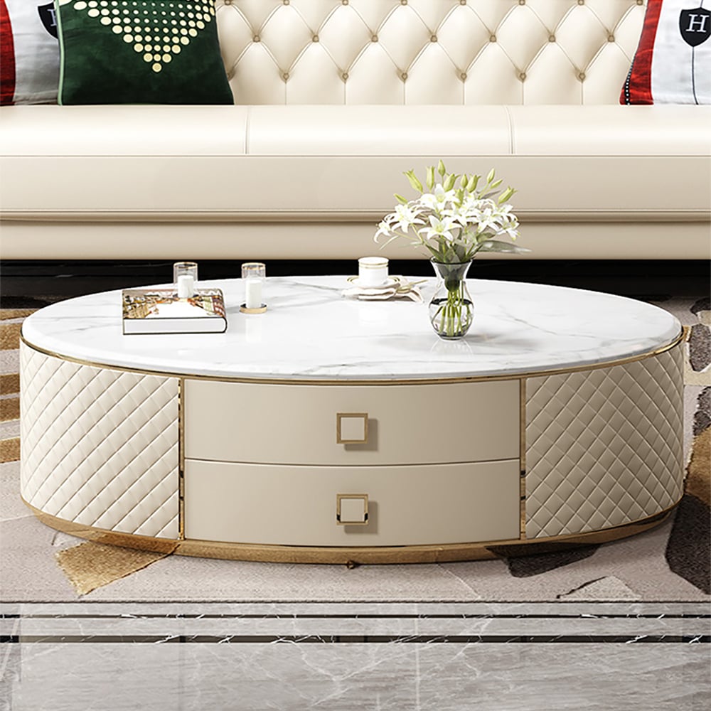 Orand White Oval Sintered Stone Top Coffee Table with 2 Drawers White