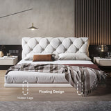 Modern King Floating Bed with Microfiber Upholstery Tufted Headboard in White White