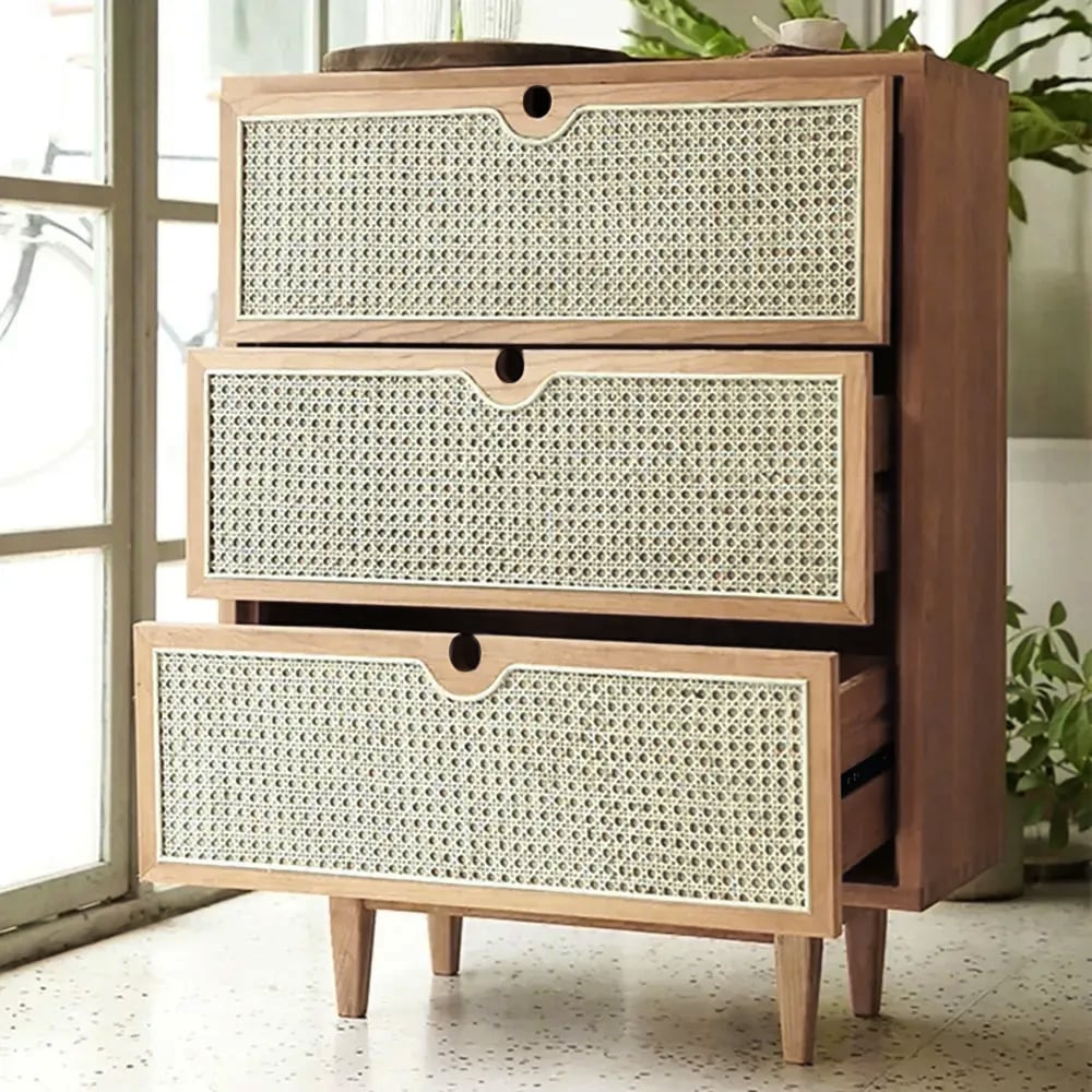 Carled Mid Century Modern Natural 3 Drawers Chest Rattan Woven 27.6"W x 15.7"D x 35.4"H