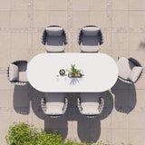 7 Pieces Outdoor Dining Set with Oval Faux Marble Top Table and Rope Woven Armchair Oval