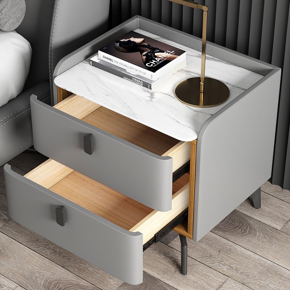 Modern Luxury 2 Drawers Bedroom Nightstand Sintered Stone Bedside Table Gray