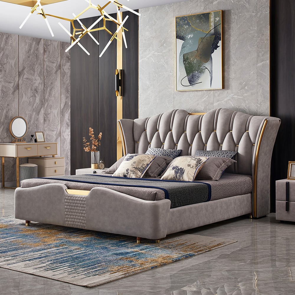 Modern Upholstered Tufted Bed with Wingback Headboard Light Gray