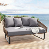 63" Rattan Outdoor Daybed with Gray Cushion Pillow Aluminum Frame Khaki