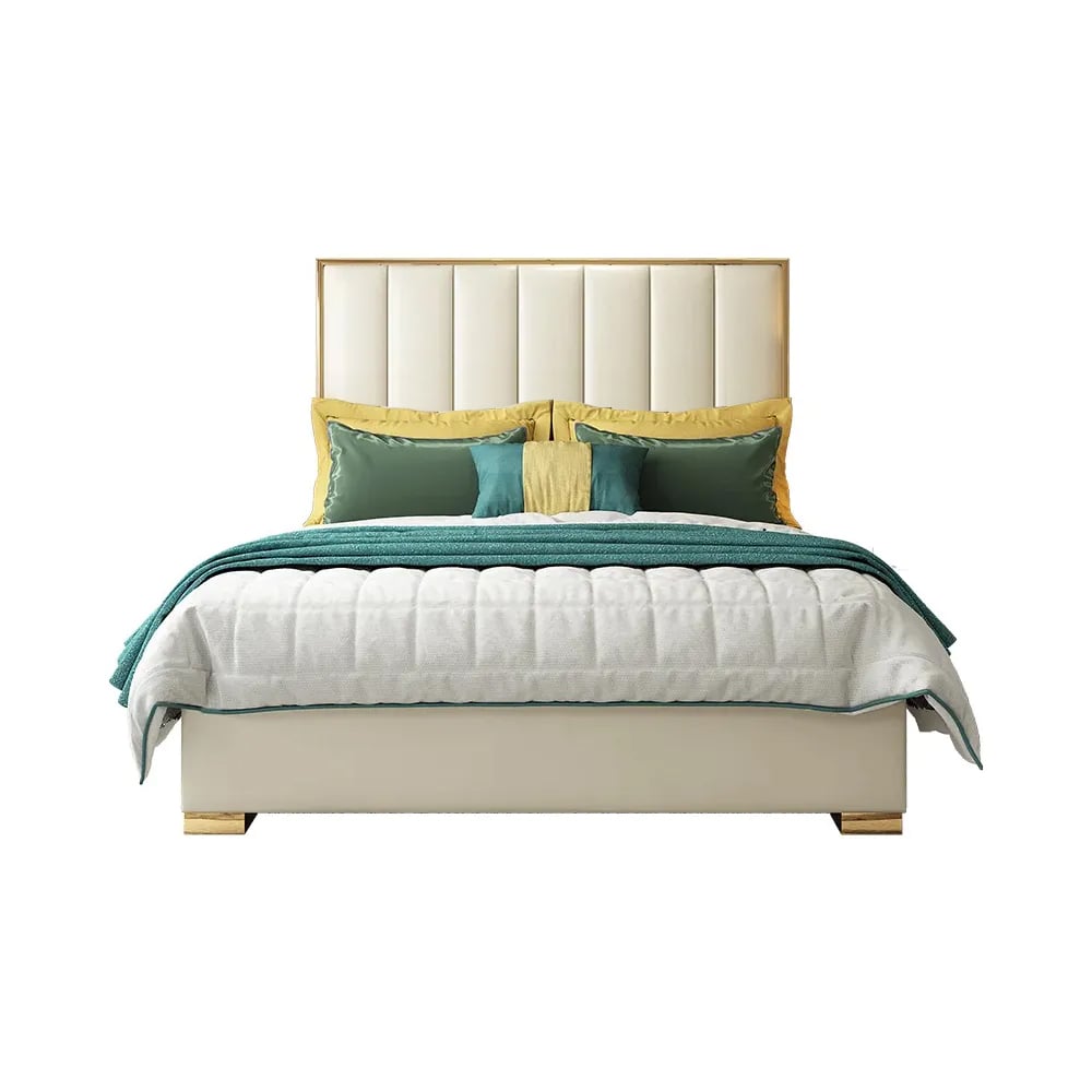 Platform Bed White Upholstered Faux Leather Bed with Gold Legs White