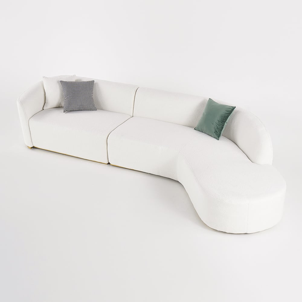 Curved White Sectional Sofa Upholstered 5-Seater Floor Sofa Faux-Fur Polyester White