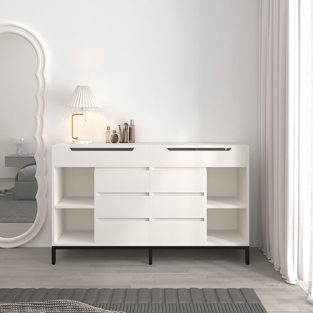 8 Drawer Modern White Double Dresser Wide Cabinet with Flip-Top Mirror & Shelves White