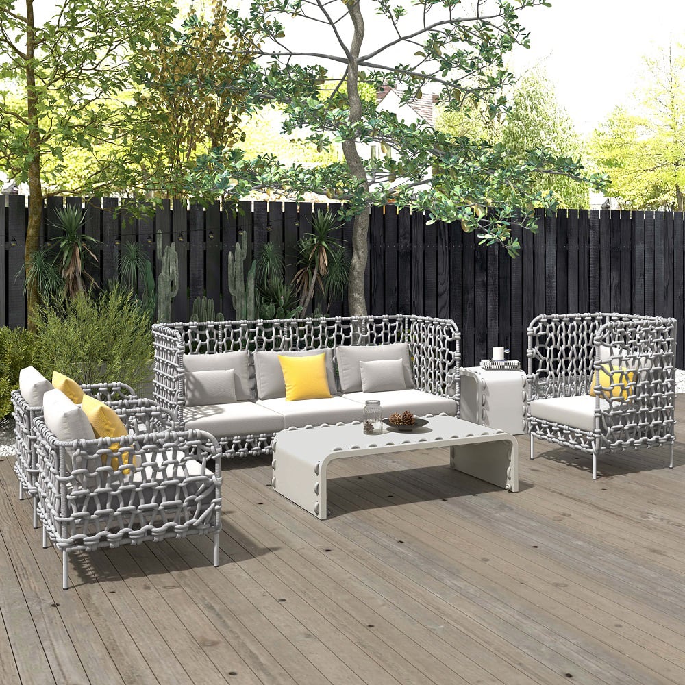 6 Pieces Aluminum & Rope Outdoor Sofa Set with Coffee Table and Cushion Pillow Gray
