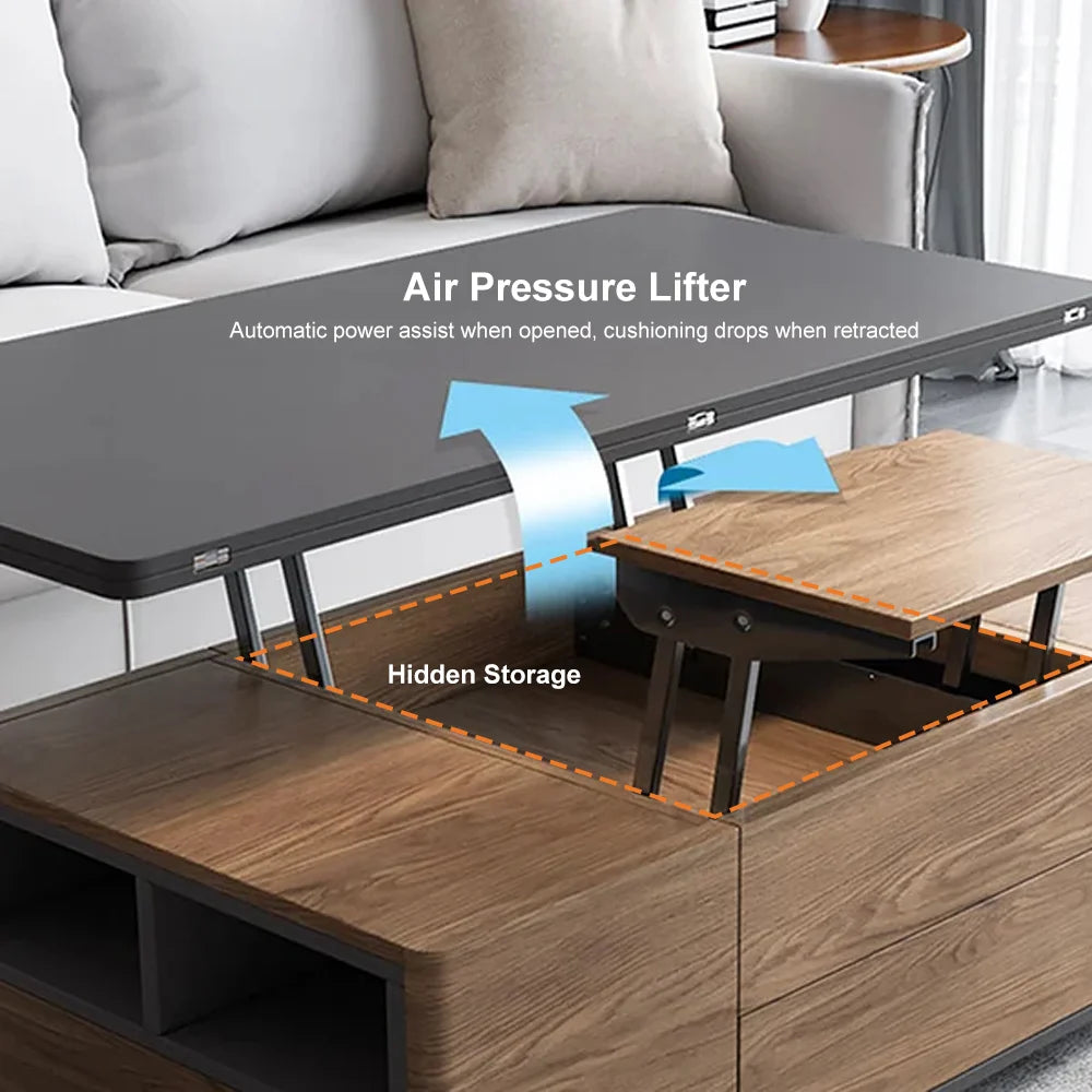 Modern Lift Top Coffee Table Multi Functional Table with Drawers & Shelves & Upholstered Stool Table Only