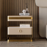 Modern Tempered Glass Nightstand with Sintered Stone Shelf Bedside Table with Drawer Multi-Color