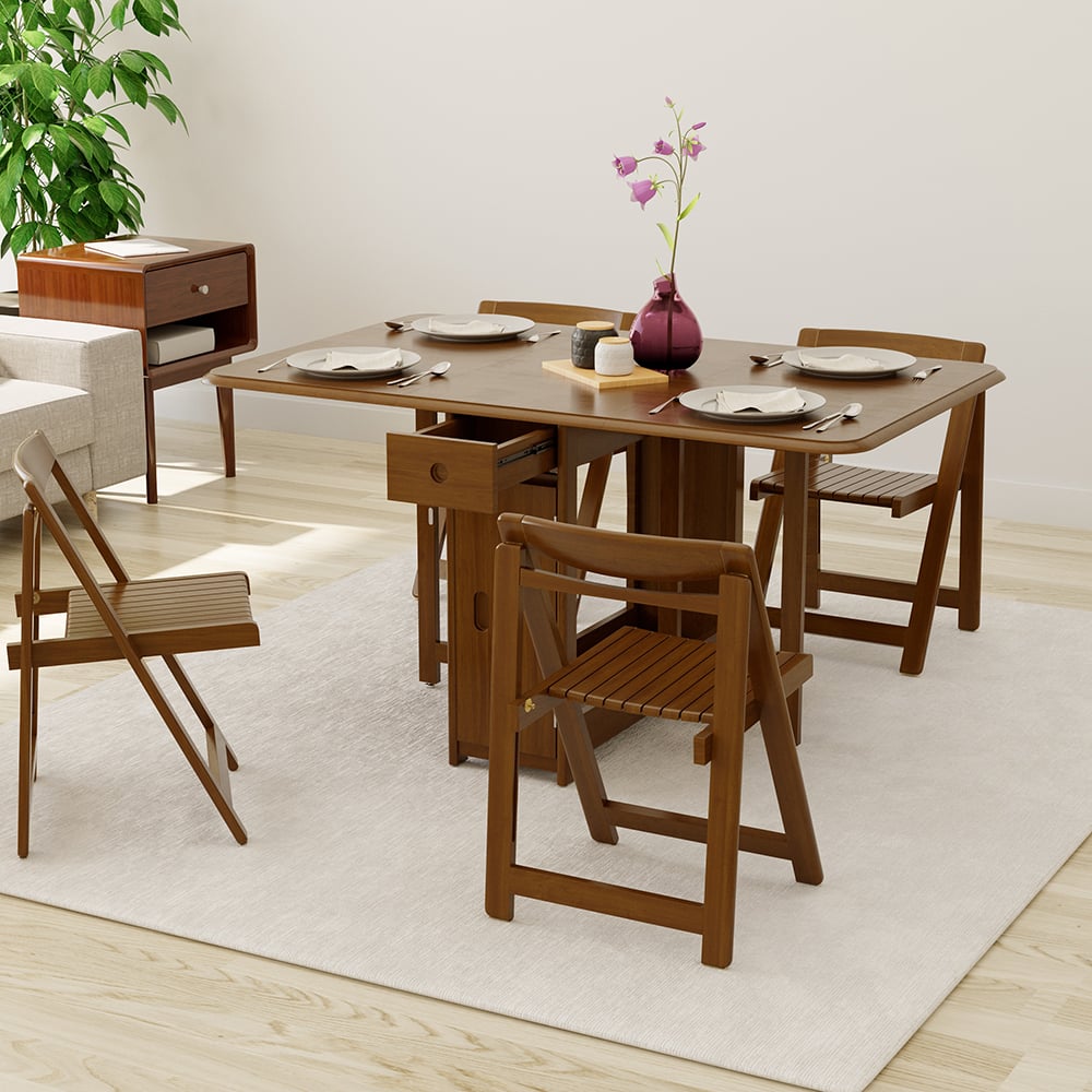 Modern Solid Wood Folding 5 Piece Dining Table Set for 4 Walnut