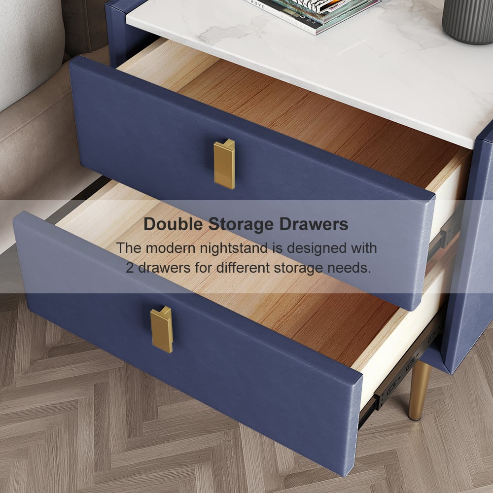 Modern Nightstand with 2 Drawers PU Leather Nightstand with Glod Legs Blue