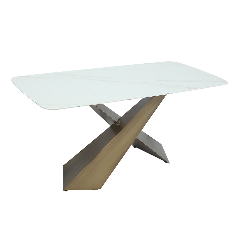 White Sintered Stone Top Rectangle Modern Dining Table Antique Brass X-Base 63"L x 31.5"W x 29.5"H