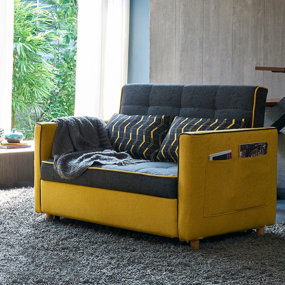 Modern 2 Seat Convertible Sofa Bed Full Sleeper Cotton & Linen Upholstery Yellow & Black