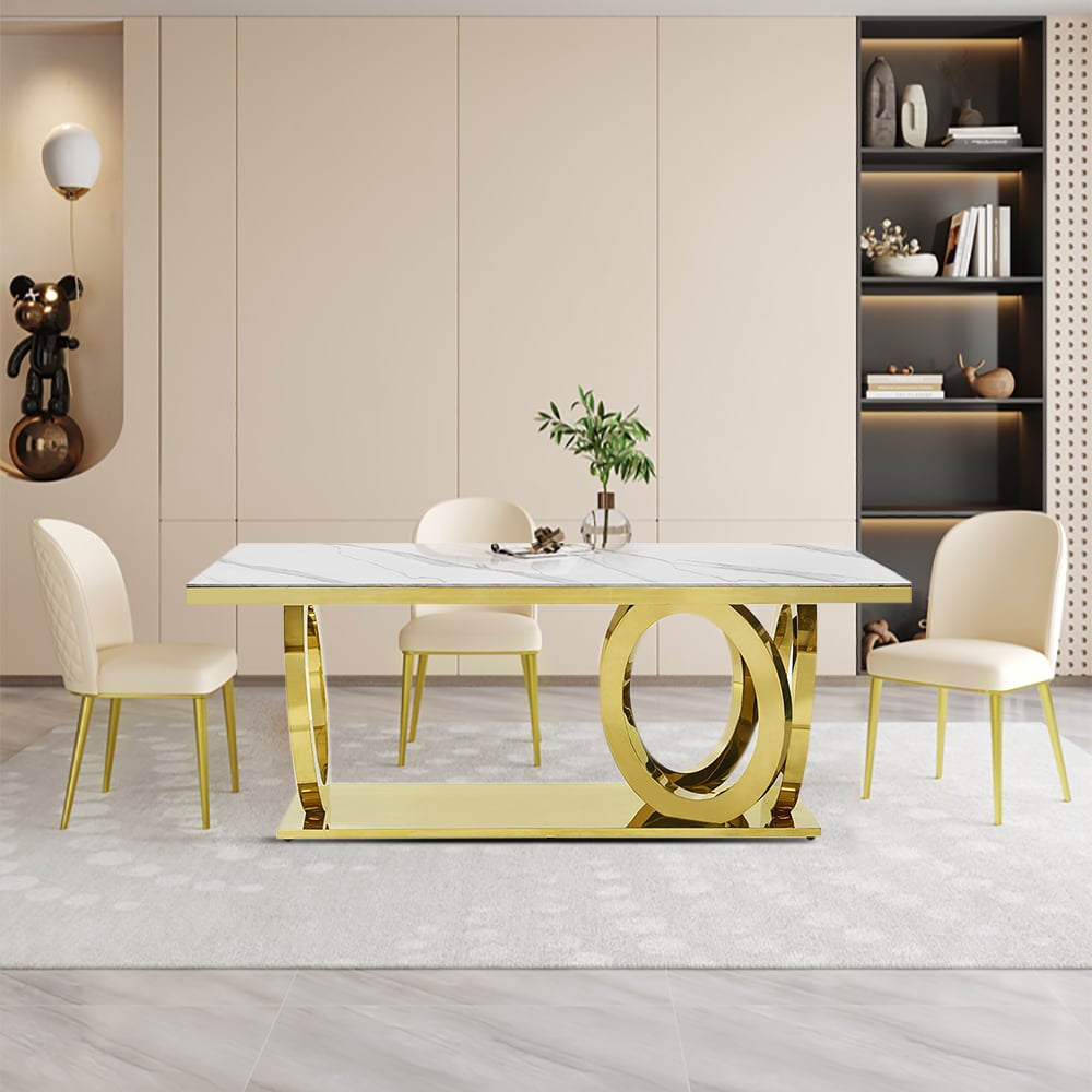 Modern Rectangle White Dining Table Sintered Stone Top Stainless Steel Base in Gold Gold