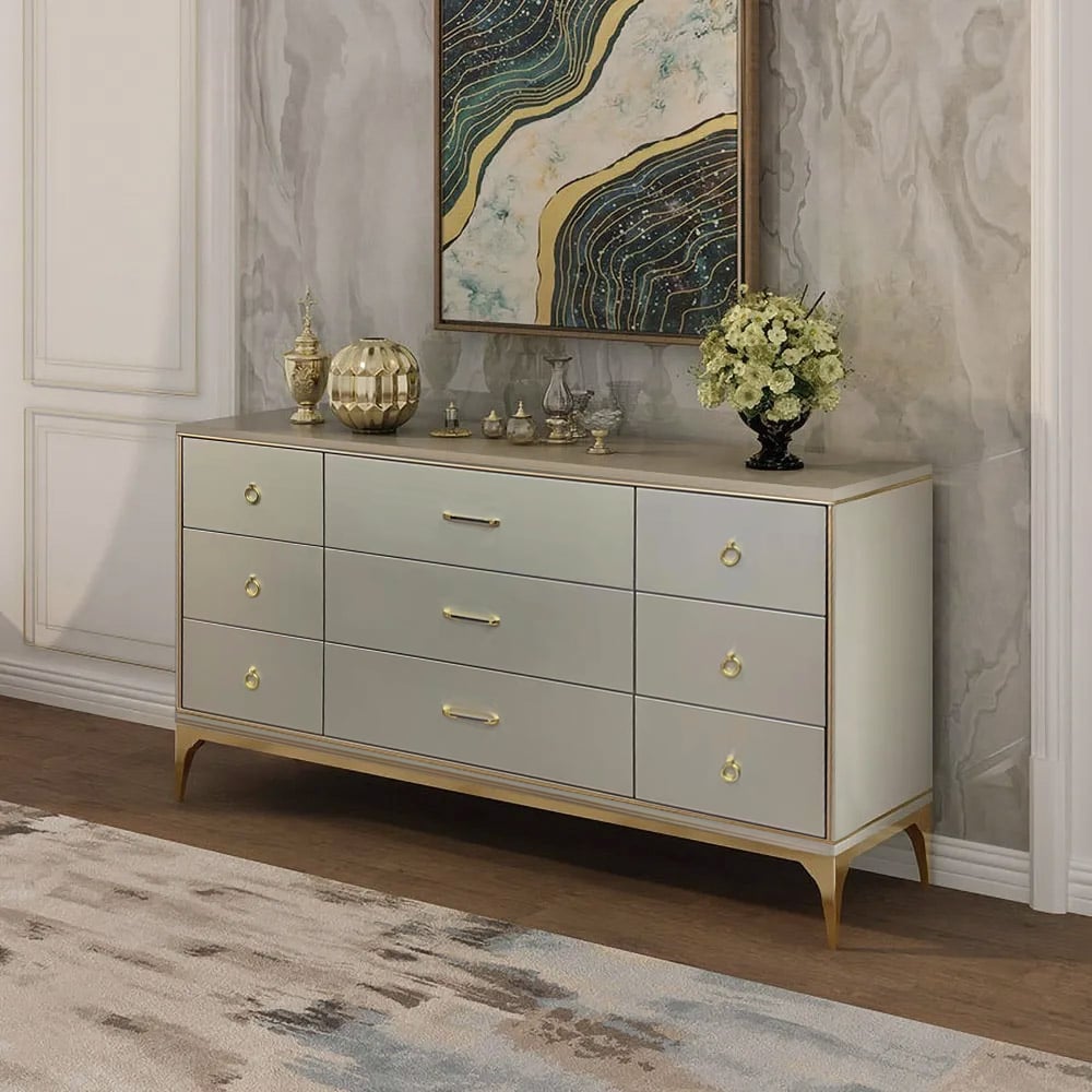 Contemporary 9-Drawer Champagne Bedroom Dresser for Storage in Gold Metal & MDF & Solid Wood & Brass