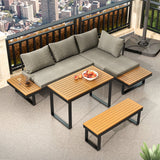 4 Pieces Aluminum Wood Outdoor Sectional Sofa Set for 5 Person with Dining Table in Gray Natural & Gray