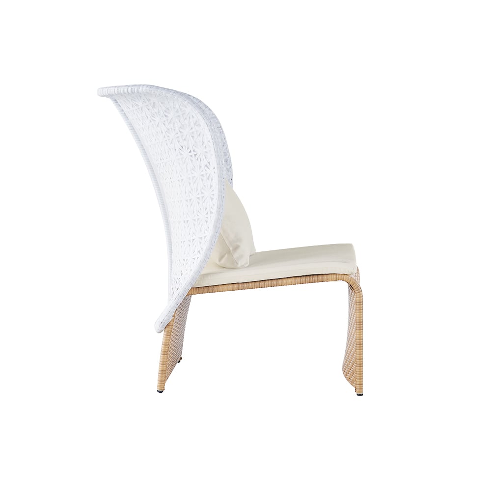 Hofer Rattan Outdoor Wingback Chair with White Cushion Pillow with Arched Bottom White
