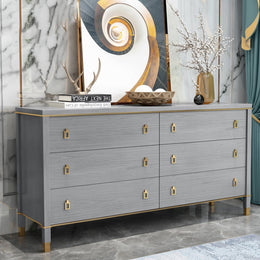 Solid Wood Dresser with Brass Accents – 6 Drawer Bedside Cabinet Gray