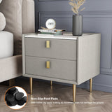 Modern Nightstand with 2 Drawers PU Leather Nightstand with Glod Legs Light Gray