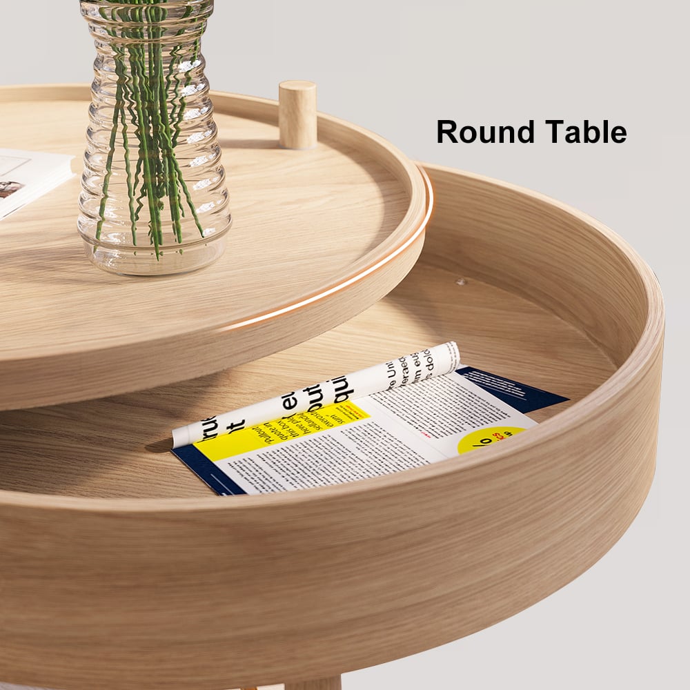 Modern Round Wood Rotating Tray Coffee Table with Storage & Metal Legs Natural