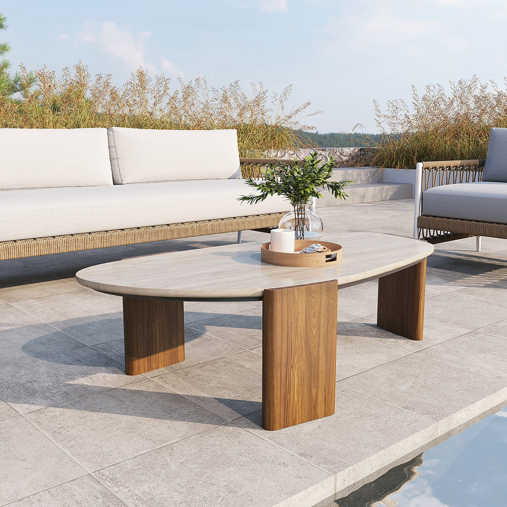 Modern Geometric Beige Outdoor Patio Travertine Coffee Table with Wood Stand in Walnut Walnut