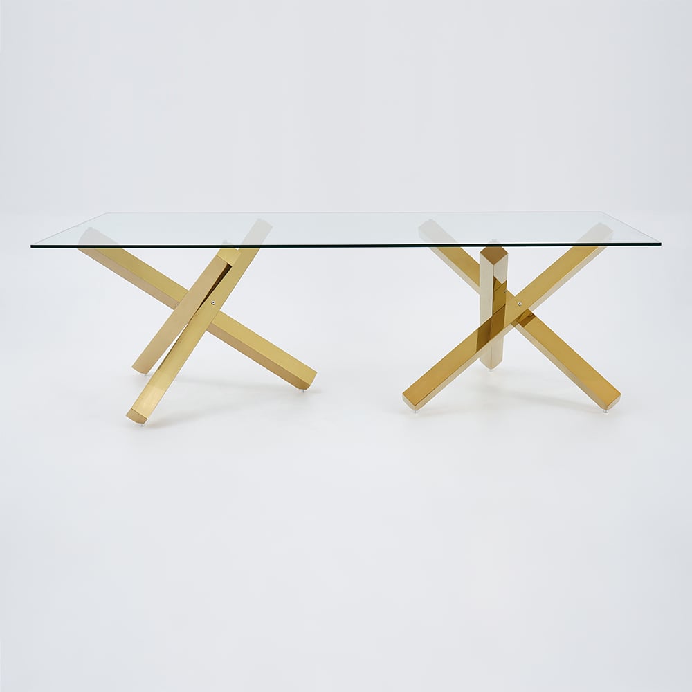 Modern Glass Dining Table with Double Pedestal in Gold Gold