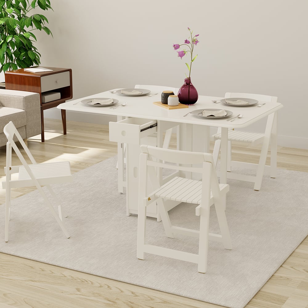 Modern Solid Wood Folding 5 Piece Dining Table Set for 4 White