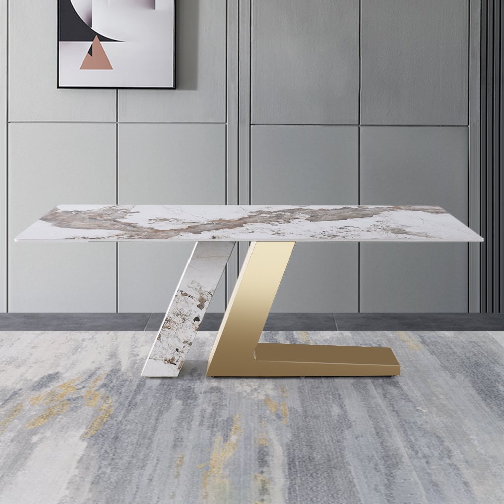 Luxotic Rectangle Modern Sintered Stone Top Dining Table for 6 Stainless Steel Gold Table Only