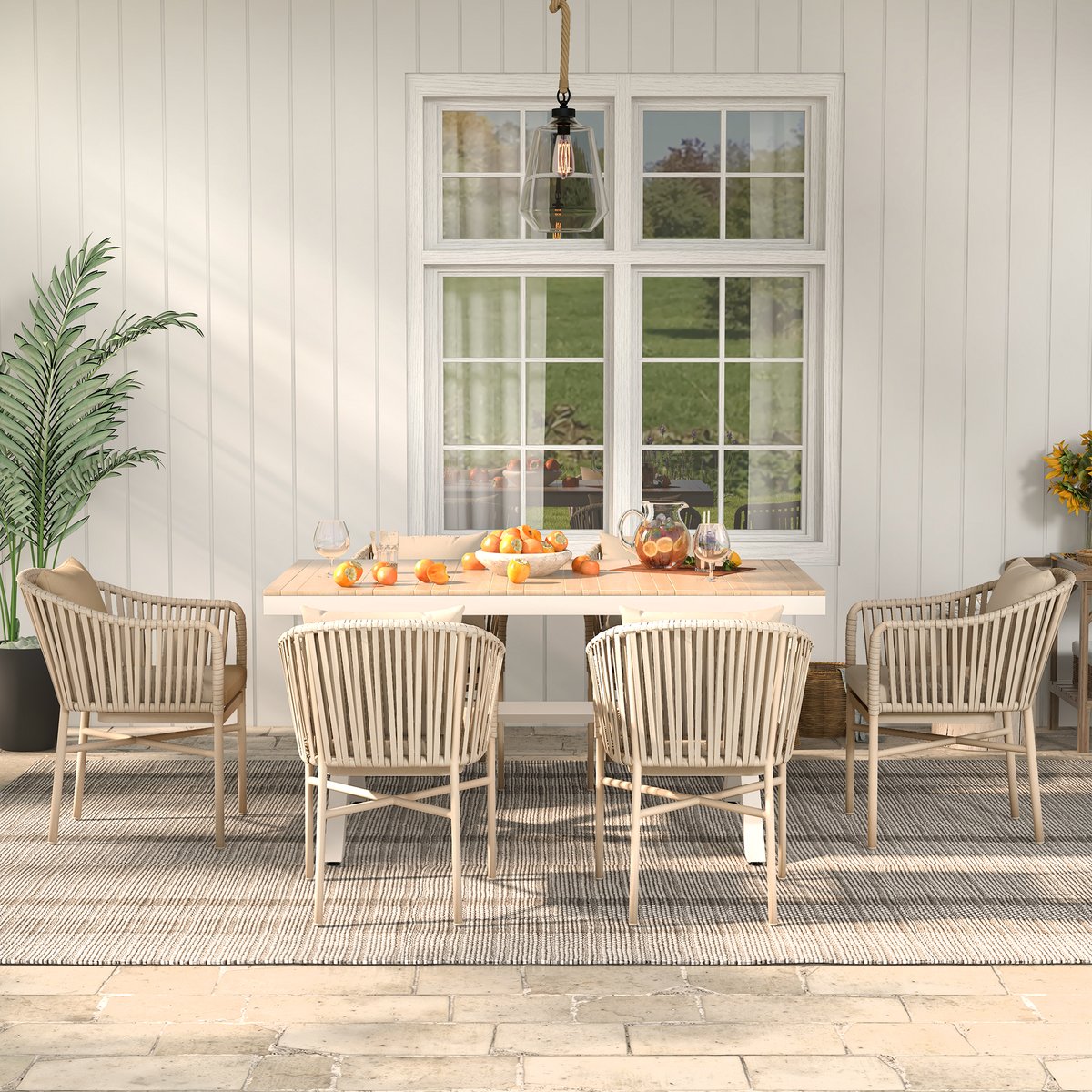 7 Pieces Outdoor Dining Set with Rectangle Table and Woven Rattan Armchair in Natural 59.1"W x 35.4"D x 29.5"H