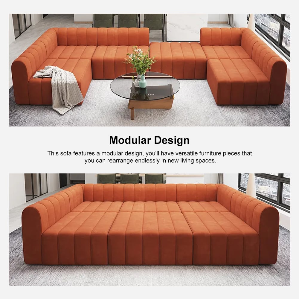 Velvet Modular Pit Sectional Sofa Set Convertible 6-Seater Upholstered Orange