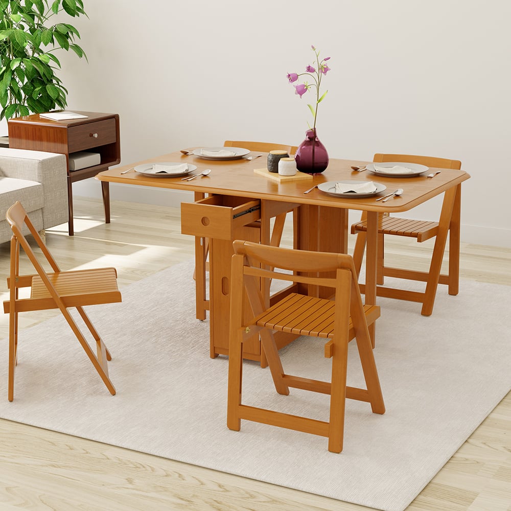 Modern Solid Wood Folding 5 Piece Dining Table Set for 4 Natural